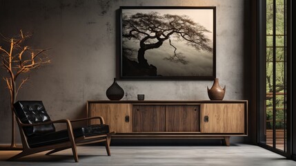 Modern living room with leather chair, wooden table, and stucco poster in Japanese style