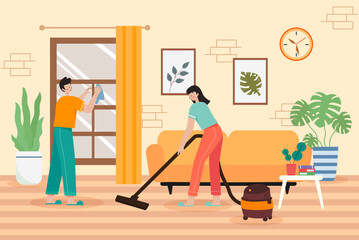 Vector illustration of a couple doing housework