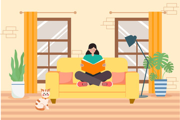 The girl is sitting on the sofa reading vector illustration