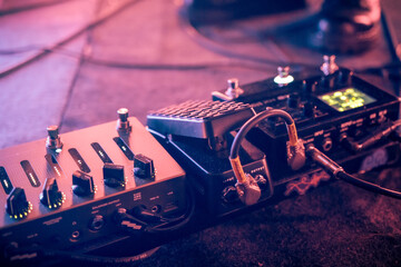 Closeup of bass pedalboard