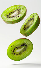 slice of kiwi float in the air in white background.