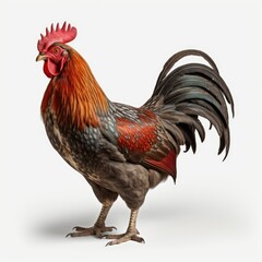 Fototapeta premium Majestic rooster standing side view on white background, vibrant plumage, farm animal.