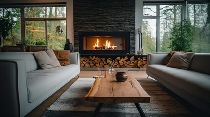 Cozy and stylish living room with live edge coffee table, fireplace, and forest view, Scandinavian home interior design concept
