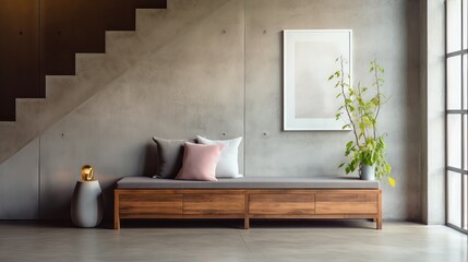 Modern loft entrance hall with wooden bench and concrete wall