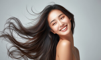 Portrait of a beautiful woman with a bright smile, hair is a beautiful black color, shampoo advertising concept Hair conditioner and cosmetic products,Generative AI - obrazy, fototapety, plakaty