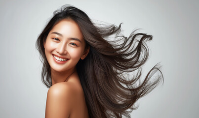 Portrait of a beautiful woman with a bright smile, hair is a beautiful black color, shampoo advertising concept Hair conditioner and cosmetic products,Generative AI