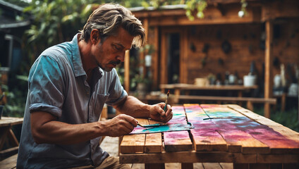 Man painting wood stain at timber plank - obrazy, fototapety, plakaty
