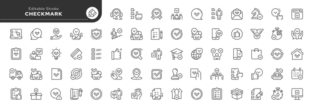 Set of line icons in linear style.Set-Checkmark and Tick.Voting, opinion, polling.Acknowledgment, acceptance, agreement, approval, verification and certification check mark.Outline icon collection 