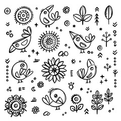 SIMPLE BIRDS Cheerful Crow And Flowers In Folk Style Coloring Monochrome Vector Finely Hand Drawn Vintage Sketch Nature Isolated Design Elements Illustration
