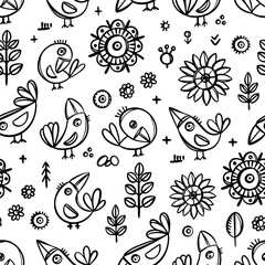 SIMPLE BIRDS MONOCHROME Cheerful Crow And Flowers In Folk Style Coloring Vector Finely Hand Drawn Vintage Sketch Nature Seamless Pattern Design Illustration