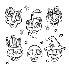 SKULLS WITH FLOWERS AND HEARTS Cheerful Faces With Bow Snake Cactus And Flower Monochrome Sketch Halloween Holiday Horror Vector Pattern Print Illustration