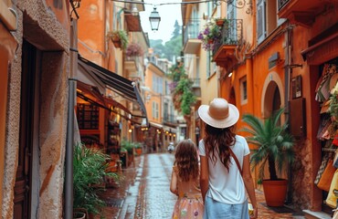 A female tourist and her child strolling through the narrow alleyways of Nice, France. Family vacation illustration.