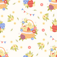 Seamless pattern with little cute chicks in Easter basket with eggs and flowers on white background. Vector illustration for paschal design, wallpaper, packaging, textile. Kids collection