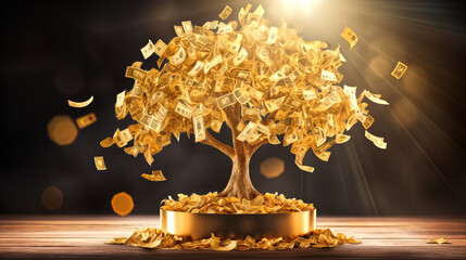 Enchanting golden money tree in full bloom with golden shine, bu - obrazy, fototapety, plakaty