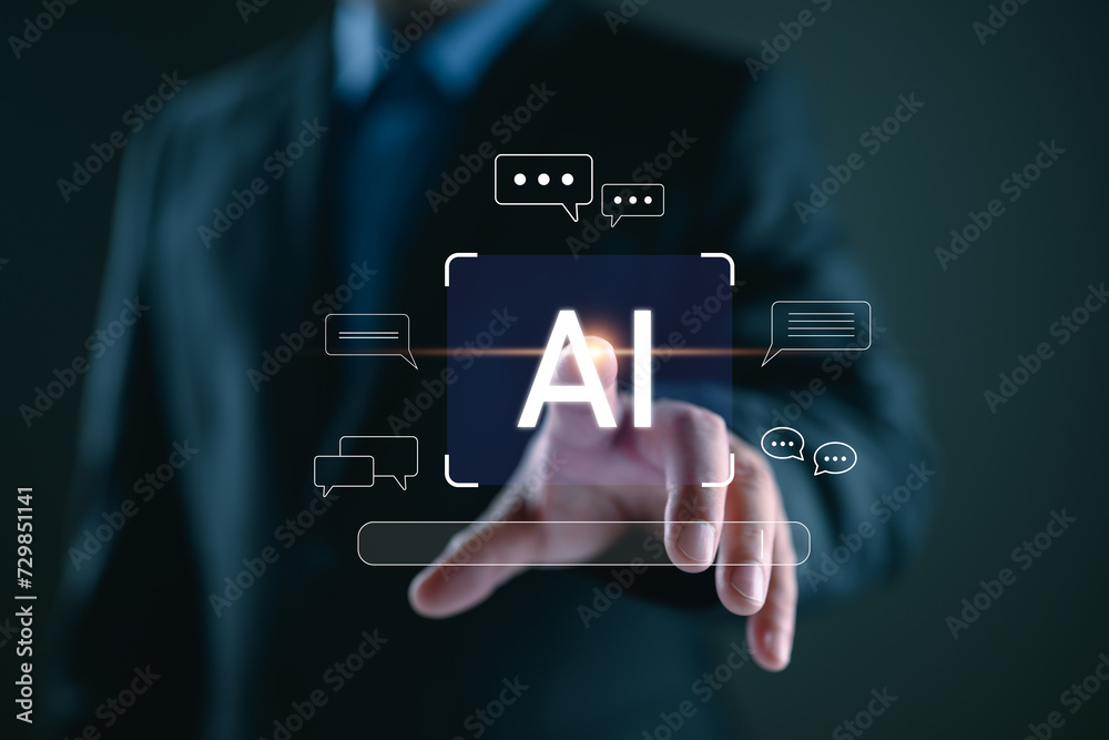Wall mural ai tech, businessman show virtual graphic global internet connect robot chat with ai, artificial int