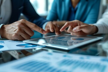 Two business professionals are focused on analyzing statistical data presented on a digital tablet, discussing corporate strategy.