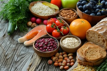 Assortment of nutritious foods including fruits, vegetables, fish, and grains on a rustic wooden background, promoting a balanced diet.