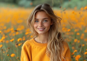 caucasian girl with colorful sweatshirt in professional colorful photo studio background