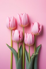 Pink tulips in row standing on a pink background