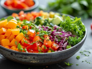 Sprinkled with sesame seeds, a vibrant bowl contains a mixed salad of ripe tomatoes, sliced avocado, and leafy greens.