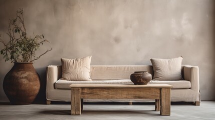 Rustic barn wood coffee table in wabi-sabi living room with beige sofa and stucco wall