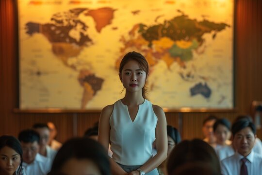 A poised and confident female executive stands out in a conference room, with a world map backdrop symbolizing global business.