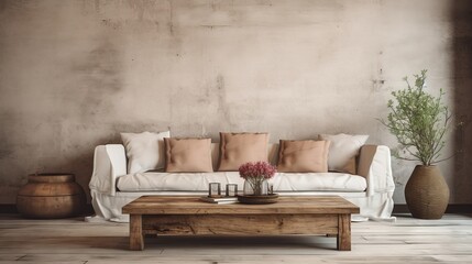 Fototapeta na wymiar Rustic barn wood coffee table in wabi-sabi living room with beige sofa and stucco wall