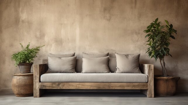 Rustic barn wood coffee table in wabi-sabi living room with beige sofa and stucco wall