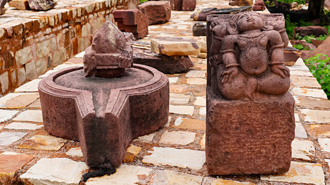 Ruin Shiva Linga and Kichak in the Campus of Char Khamba Jain Temple, Peenjana, Baran, Rajasthan, India.