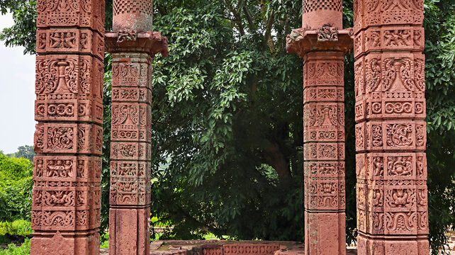 Carving on the Pillars of Char Khamba Jain Temple, Peenjana, Baran, Rajasthan, India.