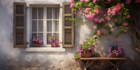 A painting of a house with flowers and a white window .
