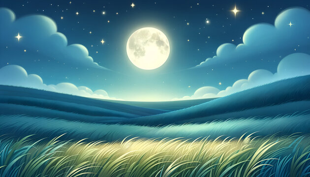 Starry Pastures: A tranquil night scene in a lush green field, inviting kids into a world of peaceful dreams.
Generative AI.