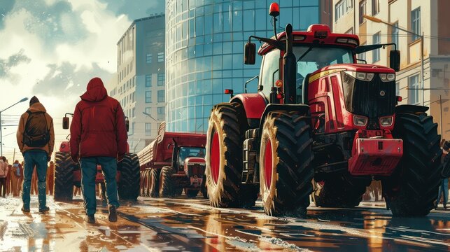 Picture of a farmer leading large agricultural tractor on the road