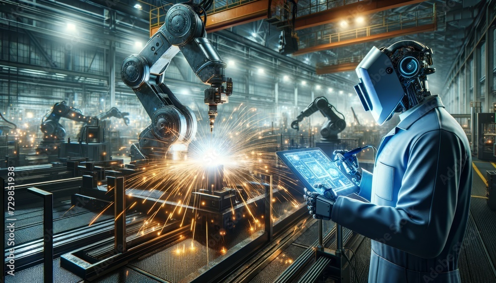 Aufkleber a futuristic concept where robots replace humans working in the automotive industry
