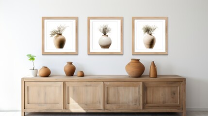 Rustic wooden sideboard with clay vases and poster frames on white wall. Modern farmhouse living room interior.