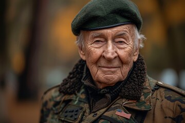 Veteran's Day Celebration A WWII Veteran in Camouflage Cap and Jacket Generative AI
