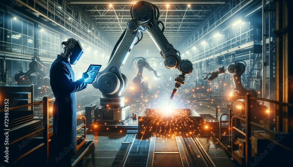 Aufkleber a futuristic concept where robots replace humans working in the automotive industry
