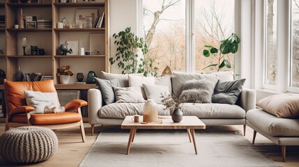 Modern living room with Scandinavian style, cozy sofa, wooden furniture, and natural light