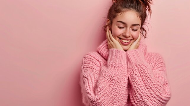 Embracing self-love: Image of happy woman with strong confidence, eyes closed in bliss, adoring her cozy new pastel sweater, tilting head indoors.