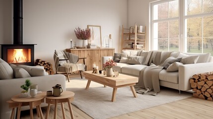 Cozy and minimalist Scandinavian living room with natural elements and neutral colors