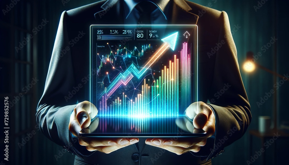 Poster a person holding a transparent futuristic tablet displays graphs and financial data with an upward t