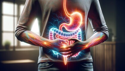 a person standing with a transparent human digestive system shining in bright colors a sign of problems in the stomach, stomach acid - obrazy, fototapety, plakaty