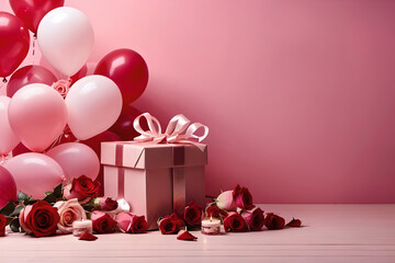 Elegant valentines day theme on a pink background with roses, gift box and balloons, Ai generated 