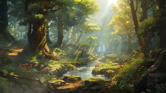 forest in sunny day. nature background with forest and sunlight . seamless looping overlay 4k virtual video animation background 