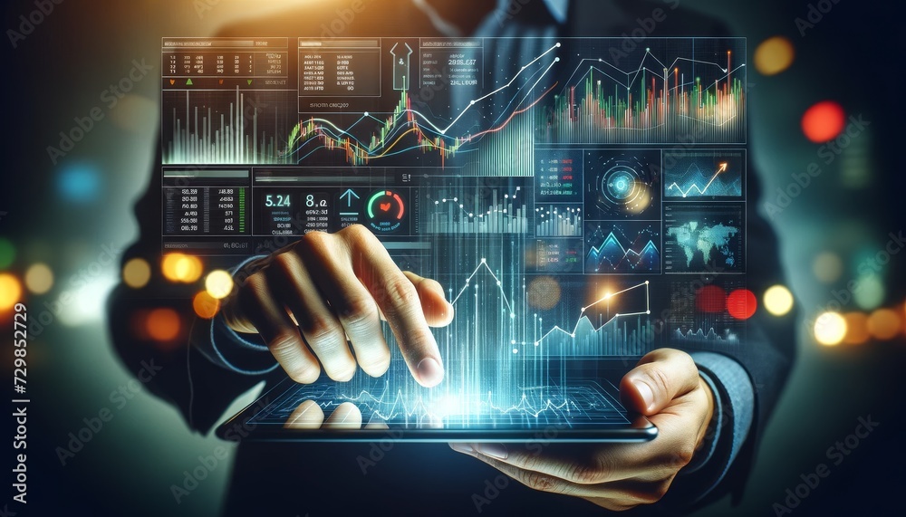 Poster a person holding a transparent futuristic tablet displays graphs and financial data with an upward t