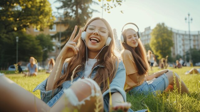 A cheerful girl making peace sign and sticking out tongue while her sibling dozes off wearing headphones, both sitting outdoors in a park on the grass taking a break.