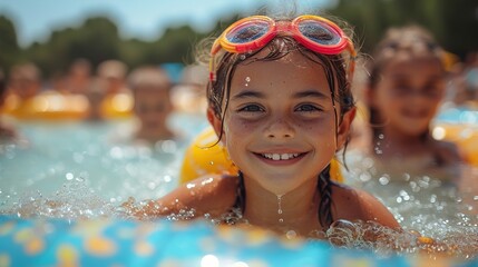 Girl child in swimming pool wearing swimsuit and googles - obrazy, fototapety, plakaty