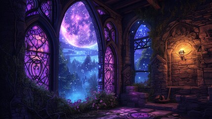 A magical window scene in a fairy-tale castle tower, stained glass windows casting kaleidoscopic...