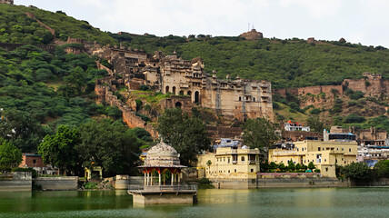 View of Nawal Sagar and Taragarh Fort Bundi, Rajasthan, India.