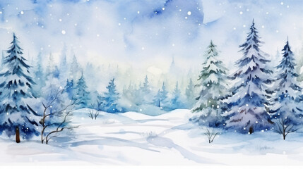 Fototapeta na wymiar Watercolor landscape winter